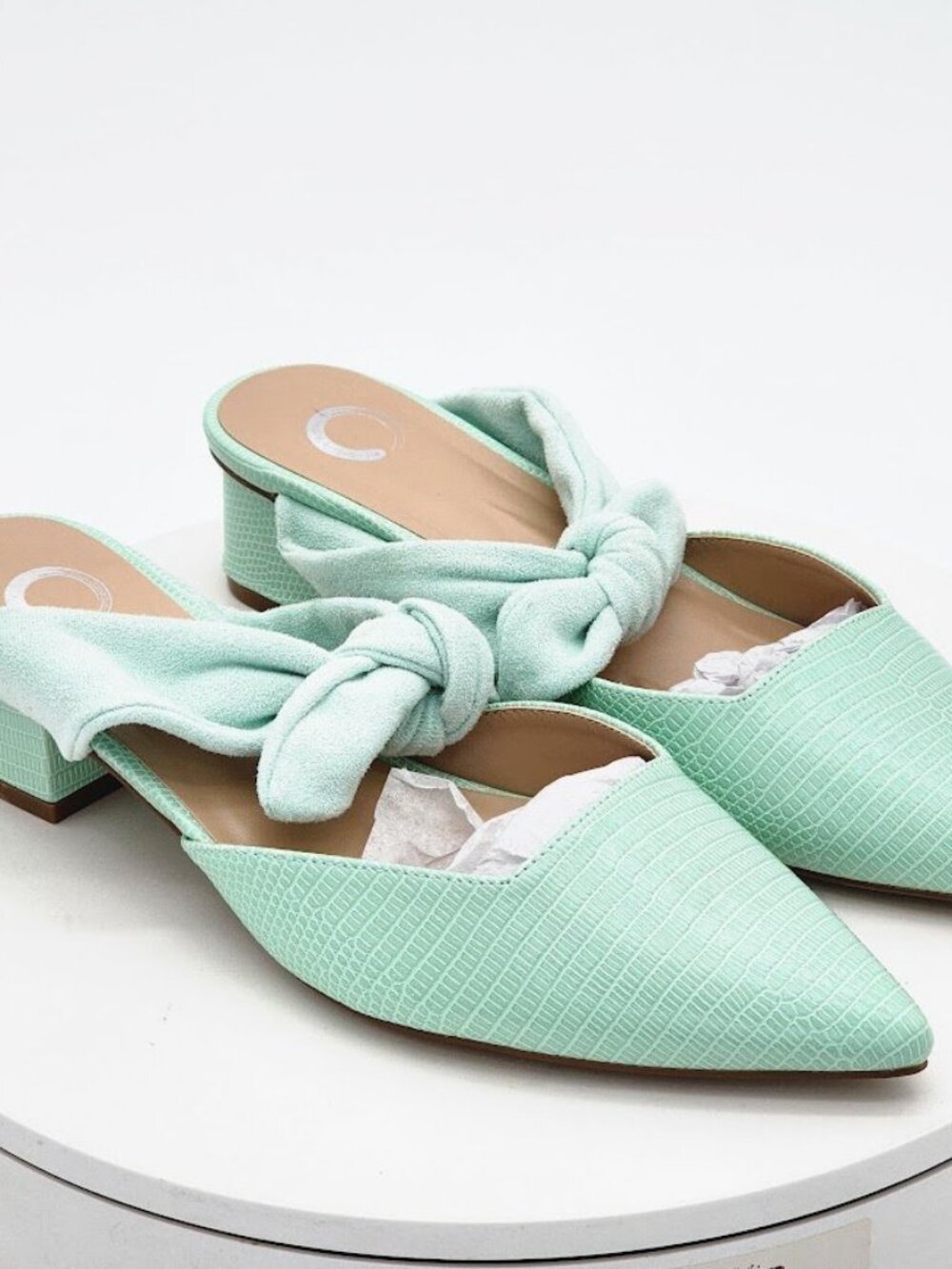 Journee Collection Melora Mint Bow Pointed Toe Mule Heels Women's Size 9